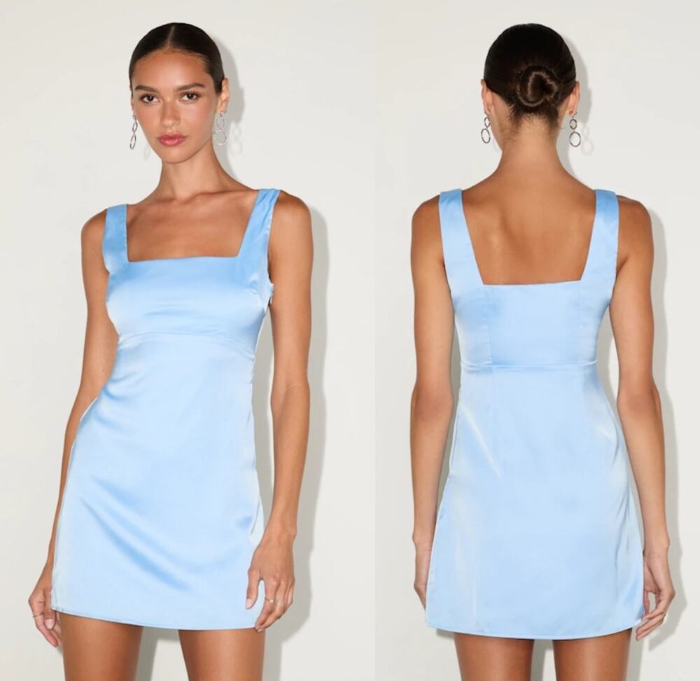 NWT Lulus Truly the Cutest Light Blue Satin Square Neck Mini Dress Party Size XS